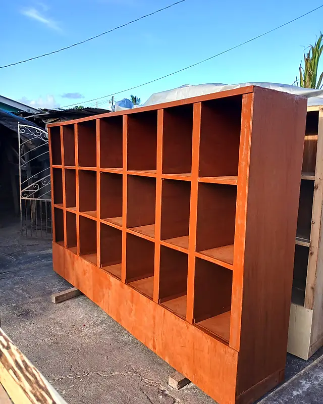 Orange-stained cubby shelf with 21 open compartments – Lynn's Furniture