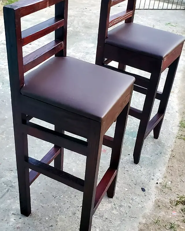 Two dark high-back bar stools with brown padded seats – Lynn's Furniture