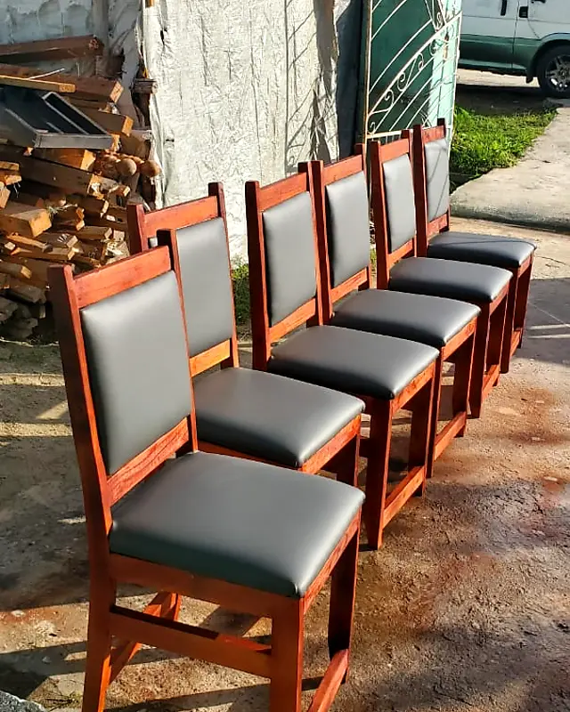 Six mahogany dining chairs with charcoal padded seats and backs – Lynn's Furniture