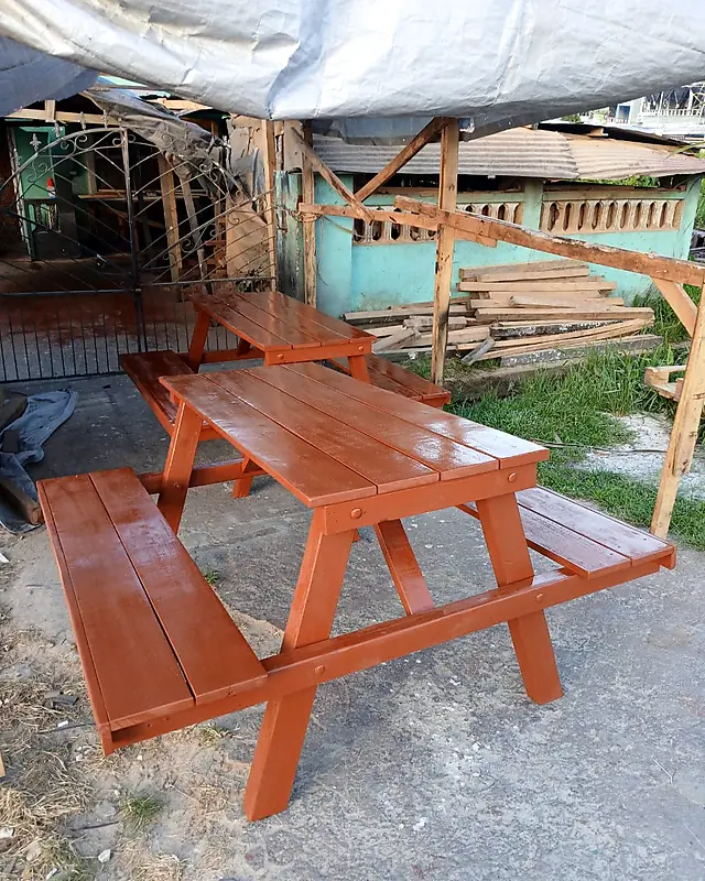 Light brown wooden picnic table with two attached benches – Lynn's Furniture