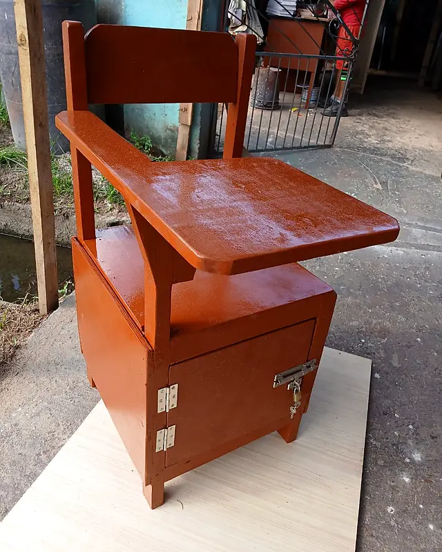Brown school desk chair with a writing top and a lockable cupboard – Lynn's Furniture