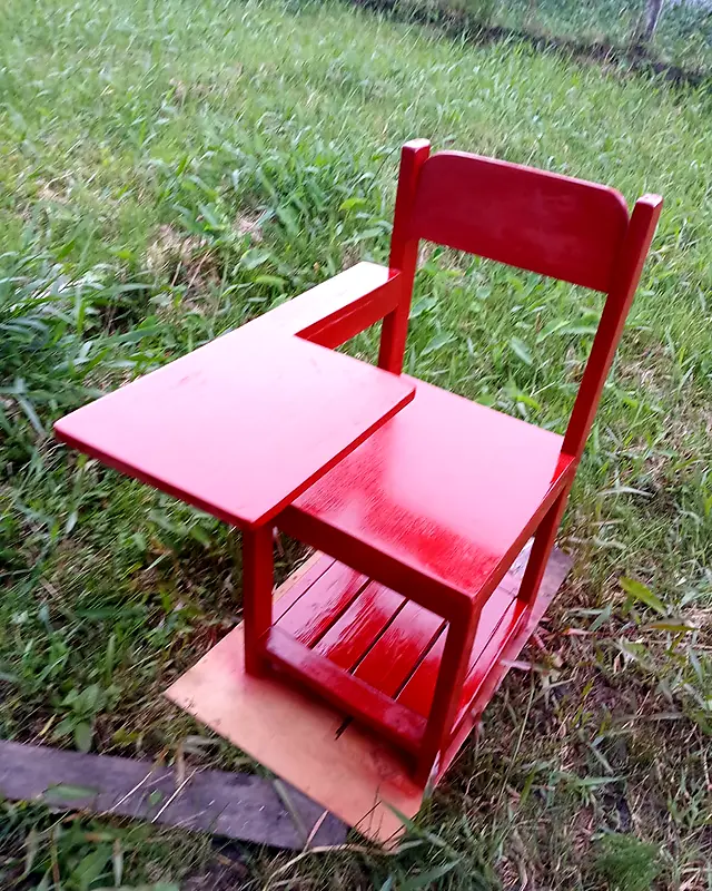 Red wooden school chair with a writing tablet arm – Lynn's Furniture