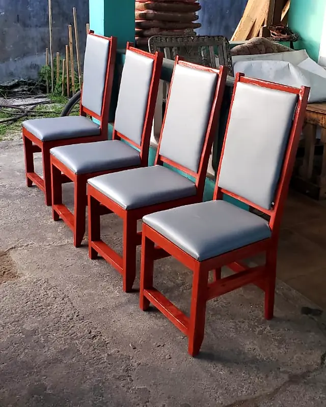 Four red-brown dining chairs with grey padded seats and backs – Lynn's Furniture